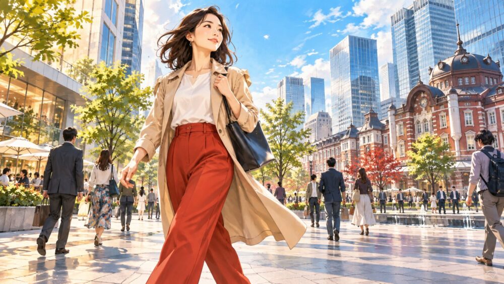 朝の街の広場を自分の足で進む女性。