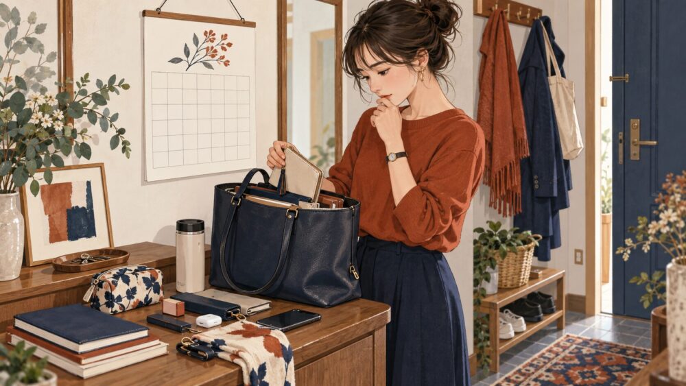 仕事鞄を整理しながらこれからを考える27歳の女性。