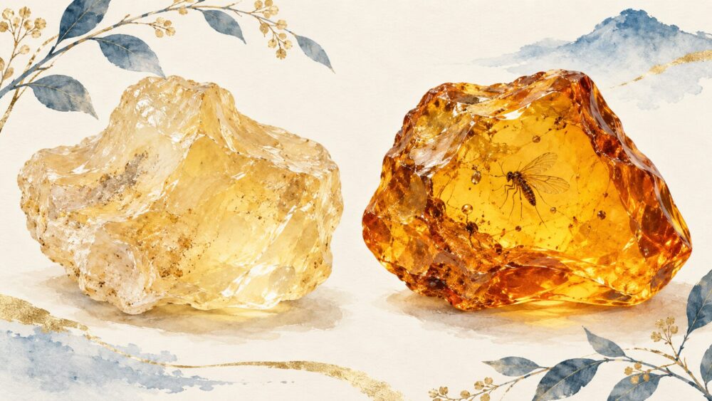 透明感のあるコーパルと、色が深い琥珀を並べた比較イラスト。