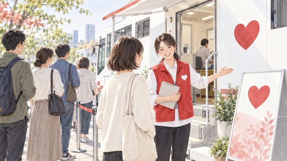 献血会場の受付でボランティアが来場者を温かく迎える様子。
