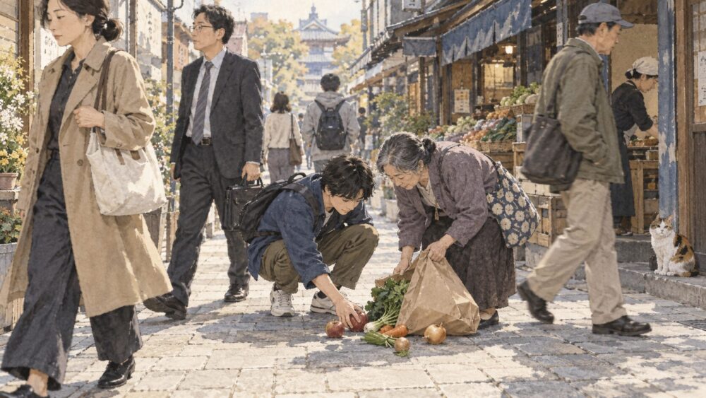 人目につかない場所で落とし物の買い物袋を拾い、持ち主へ返す人。