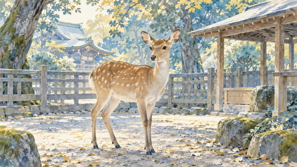 三嶋大社の神鹿園に立つ一頭の鹿。