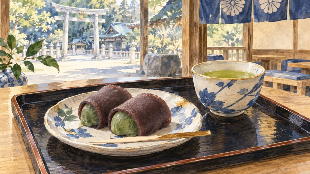 抹茶とともに供される三嶋大社の福太郎餅。