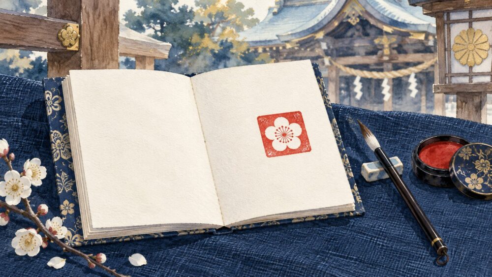 三嶋大社の御朱印帳に朱印をあしらった静物イラスト。