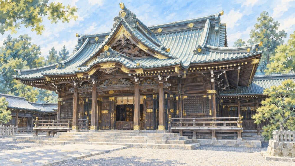 青空の下に佇む三嶋大社の重厚な社殿。