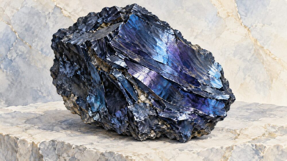 青紫色の金属光沢と層状の結晶面を持つコベライト原石