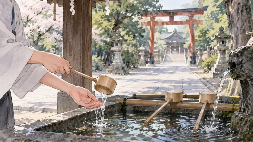 手水舎で手を清め、参道へ進む参拝者の様子。