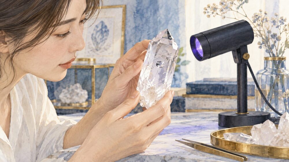紫外線ライトでオイルインクォーツを確かめる様子。石が発光するとは限らない検査場面