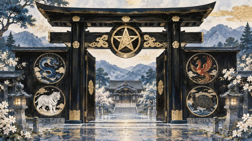 五芒星と四神の意匠を配した黒塗りの四神門。