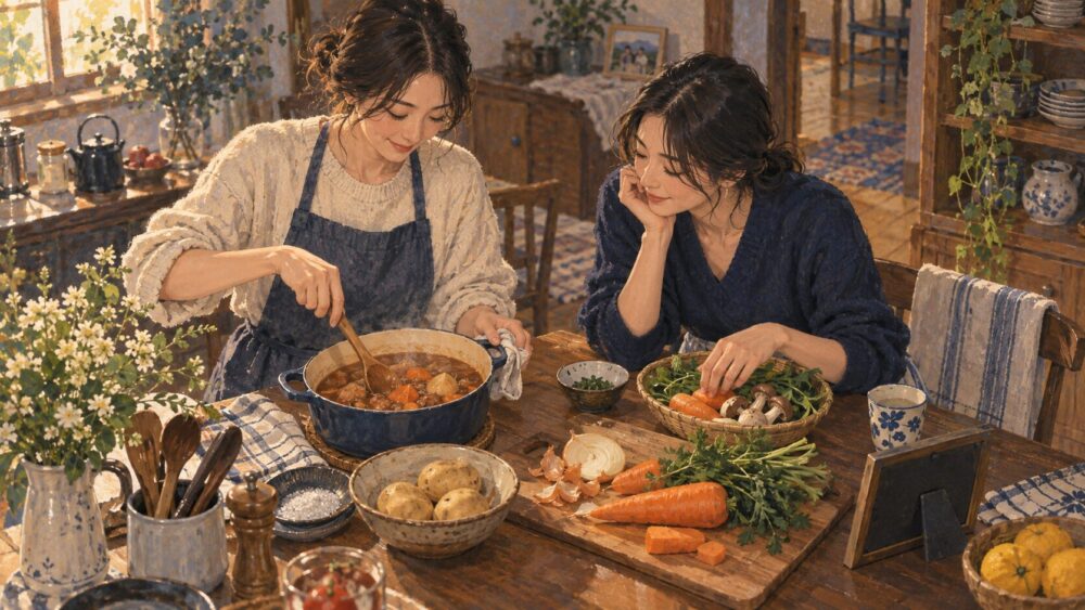 食卓で母のレシピを再現し、思い出を語り合う成人した姉妹。