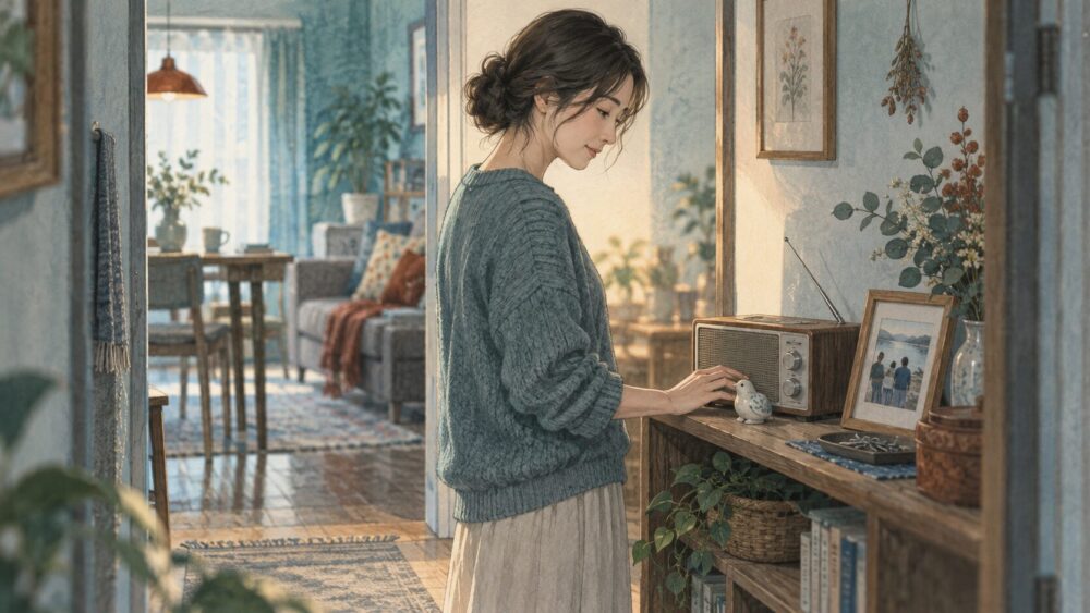 親しみのある部屋で懐かしい曲に耳を傾け、思い出に浸る人。
