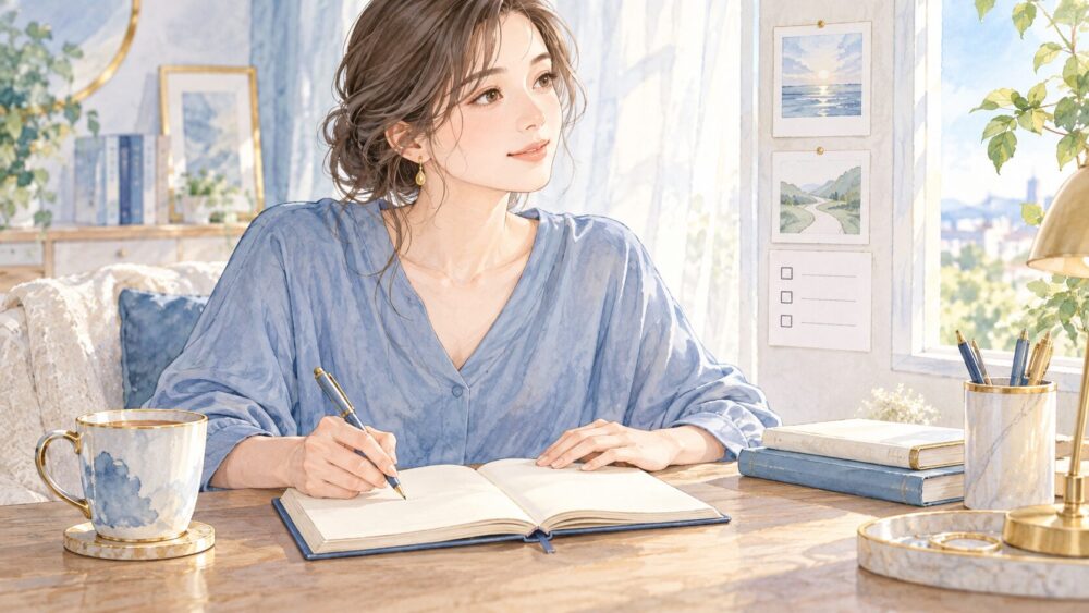 夢をノートに書き出し、落ち着いて対処を考える女性。