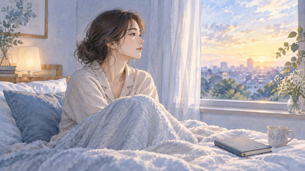 繰り返す夢のあと、朝の窓辺で気持ちを整える女性。