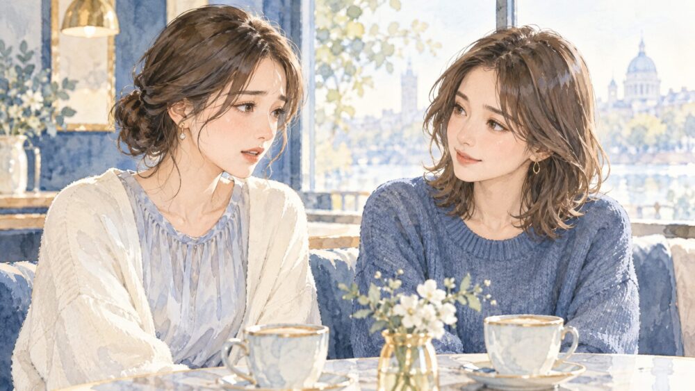 カフェで夢の内容を友人に話し、落ち着きを取り戻す女性。