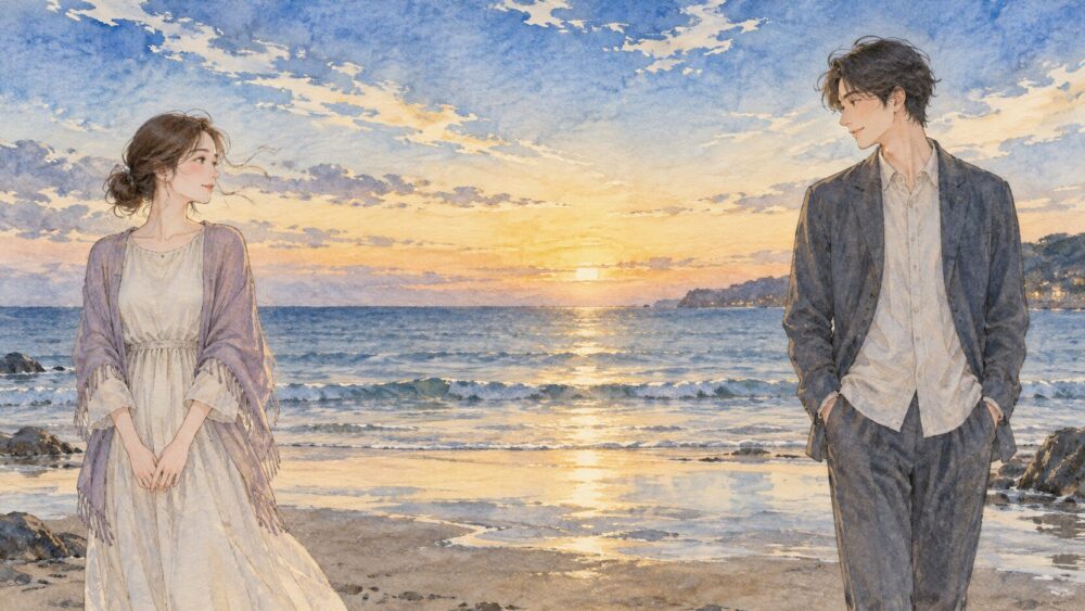 夕暮れの海辺で見つめ合う男女。