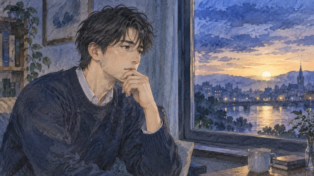 夕暮れの窓辺で思い悩む男性。