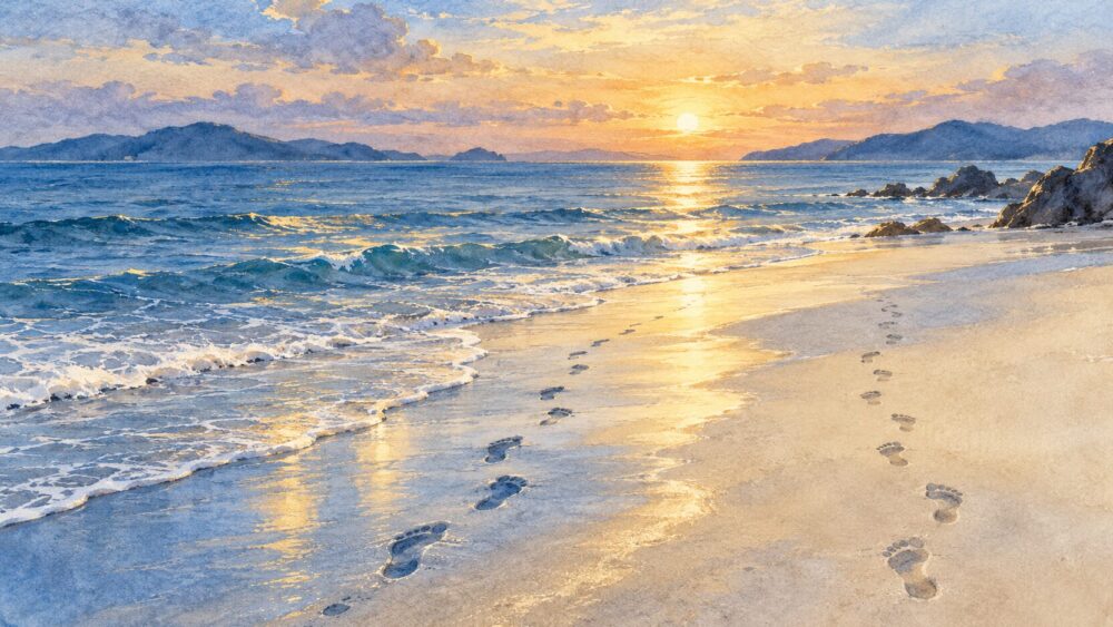 夕暮れの海辺に残る二筋の足跡。