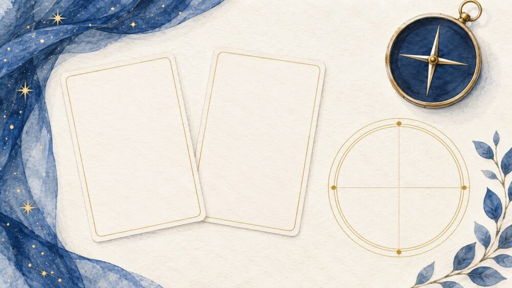 白紙カードと羅針盤、円形の星図。