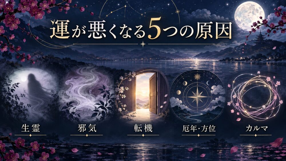 生霊・邪気・転機・厄年や方位・カルマという5つの見立てを示す夜景の図解。