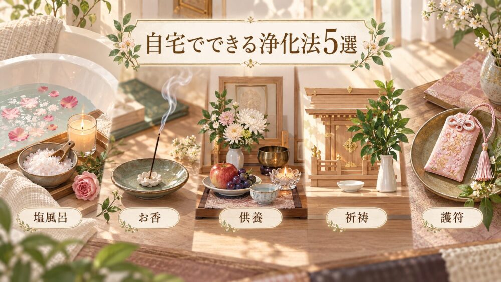 塩風呂、お香、供養、祈祷、護符の5つの浄化法を並べた室内イラスト。