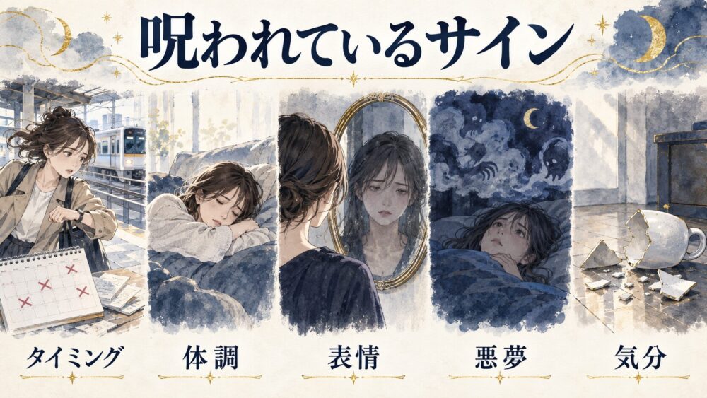 予定の乱れ、体調、表情、悪夢、気分という5つのサインを横並びで示すイラスト。