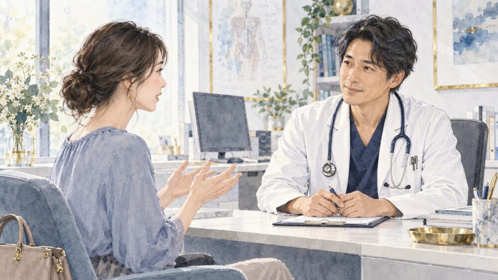 診察室で女性患者の話を丁寧に聞く医師。