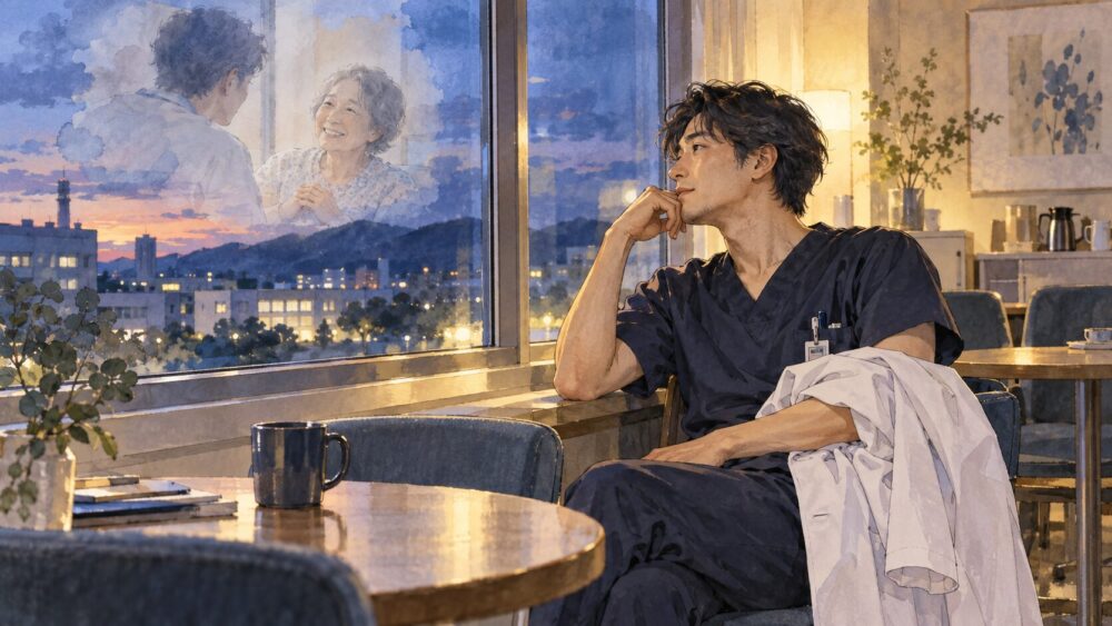勤務後に患者との温かな会話を思い返す医師。