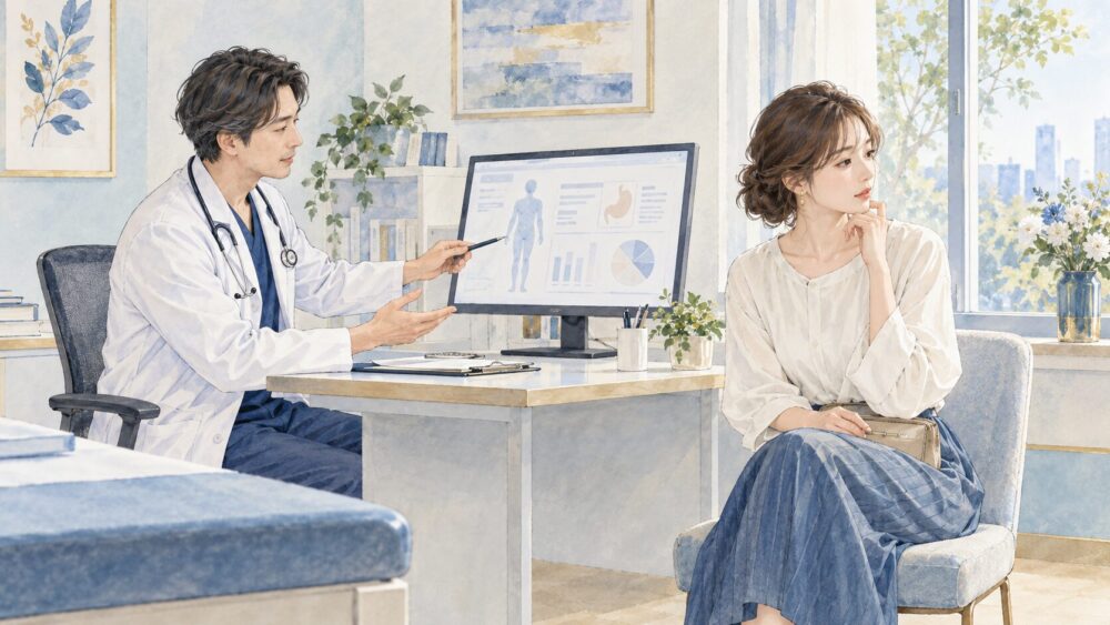 診察室で医師の説明を受け、職務上の親切か考える女性患者。