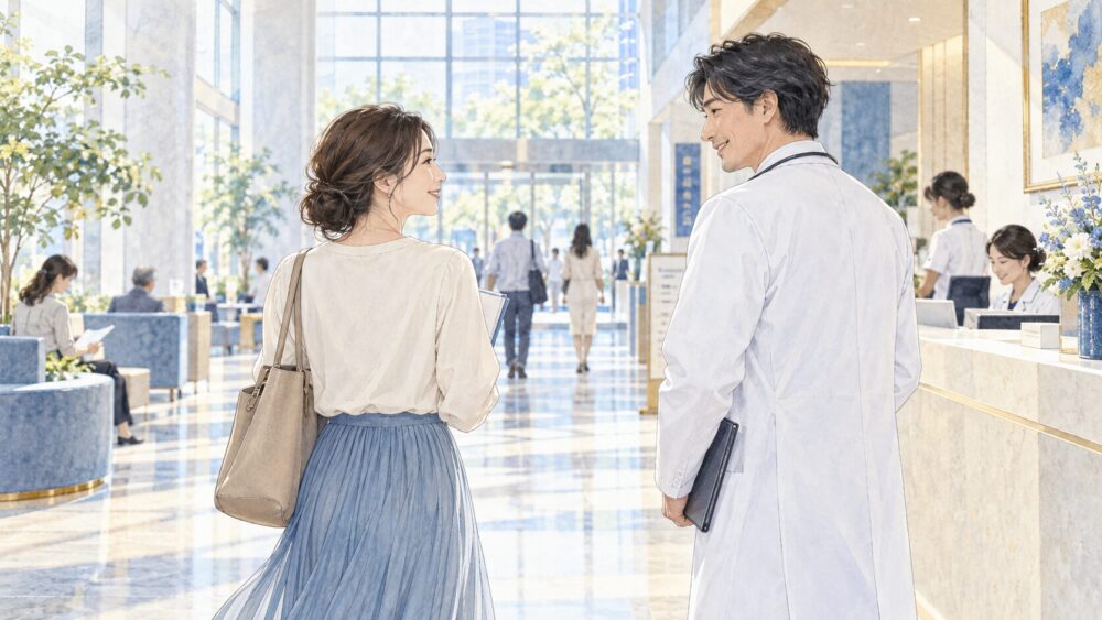 病院の公共スペースで適切な距離を保ちながら会話する女性患者と医師。