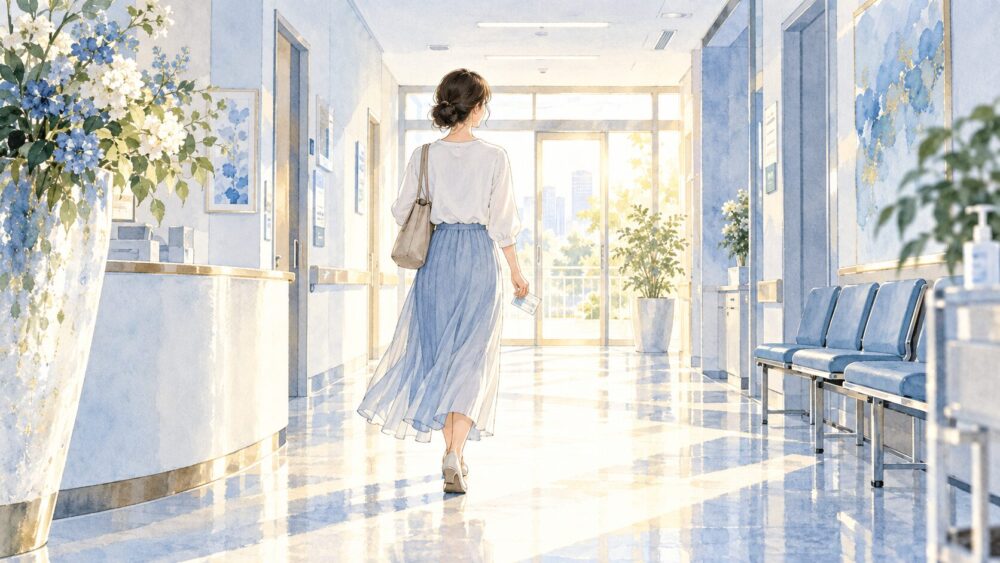 明るい病院の廊下を穏やかに歩く女性。