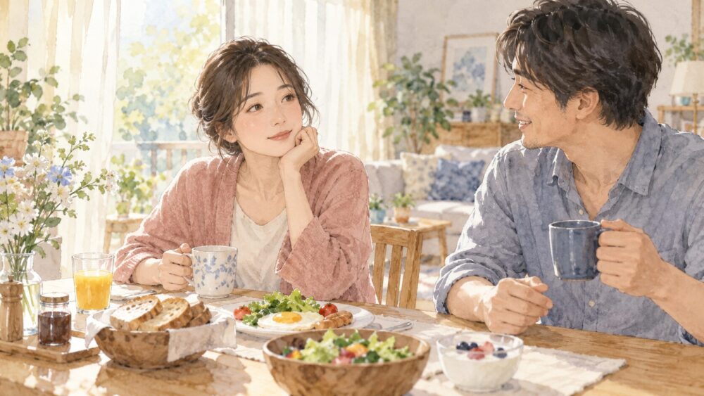 現在のパートナーと穏やかに話し、気持ちを確かめ合う二人。