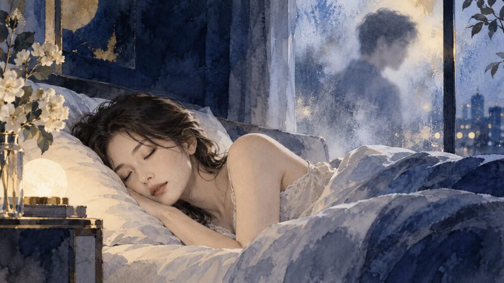 眠る女性の枕元に、元彼の記憶を象徴する淡いシルエットが浮かぶ場面。
