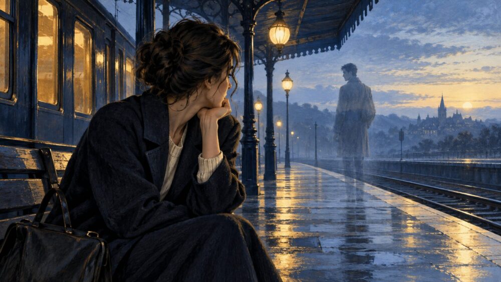 夕暮れの駅で、過去の恋の記憶を見送る女性。
