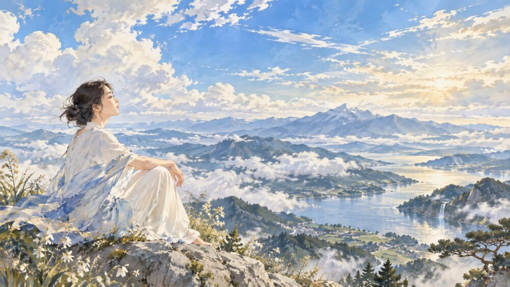 地・水・火・風・空の五属性の概念を、広い青空と雲、山並みを背景に静かに象徴した風景。