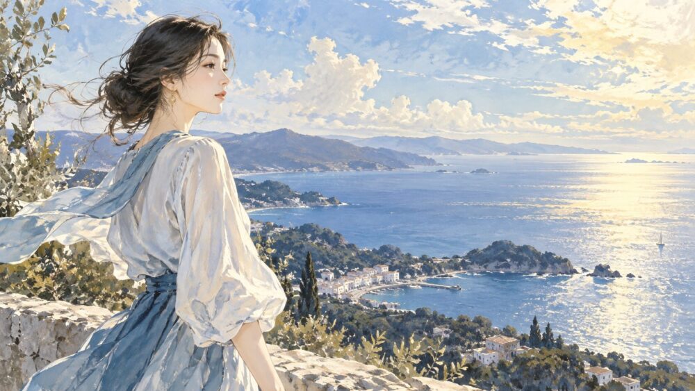 広い景色を見渡しながら、静かに考えを巡らせる女性。