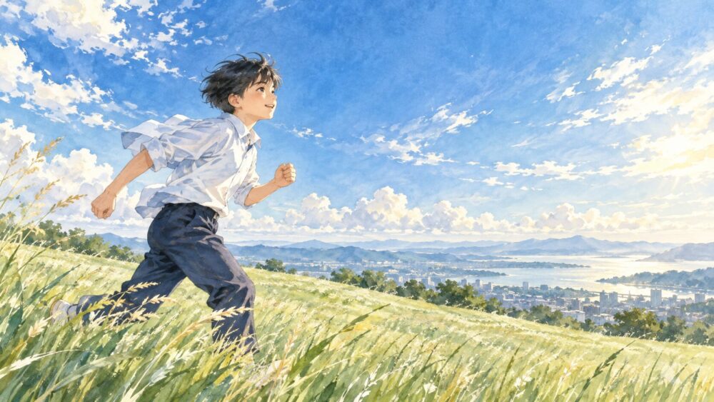 青空の下を走り、自分の可能性へ向かう少年。