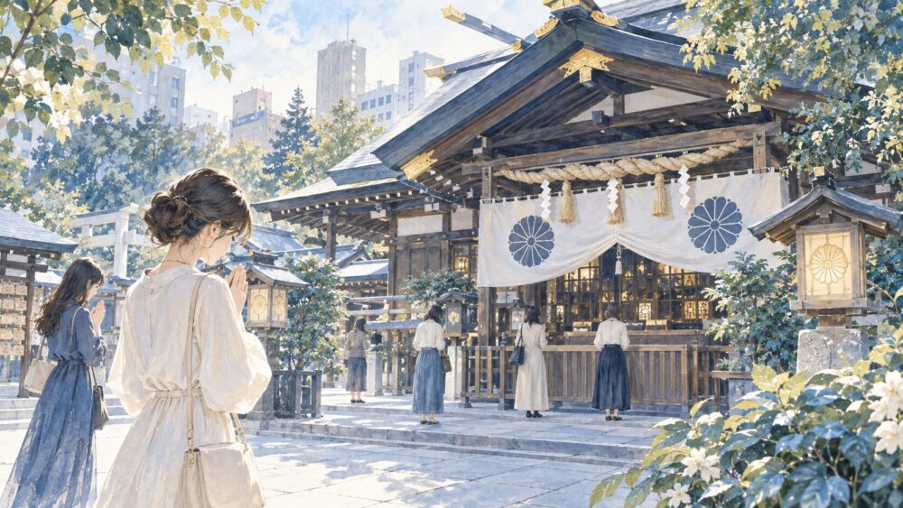 東京大神宮の境内で参拝する人々。
