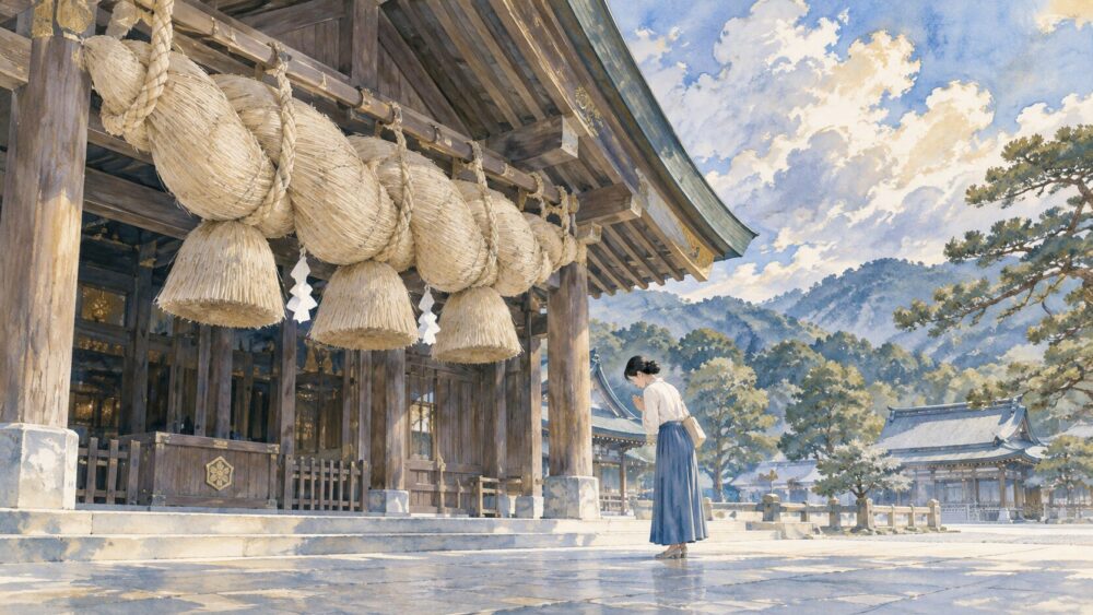 出雲大社の大きなしめ縄の前で、落ち着いて参拝する人。