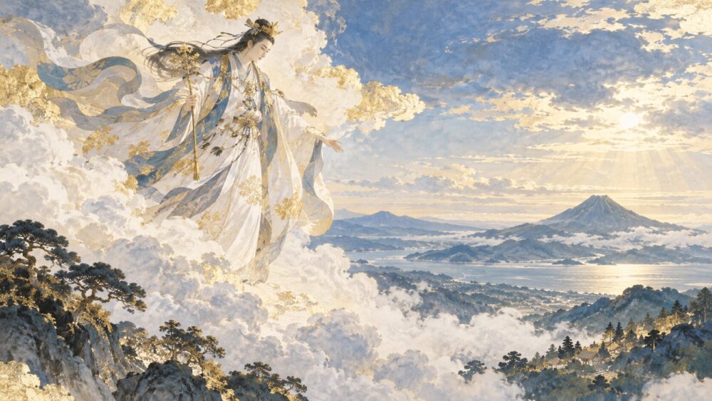 雲間から地上へ降り立つ神話の神を、古典絵巻風に描いた場面。