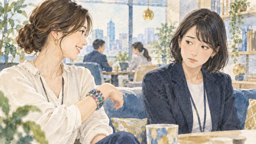 カラフルな天然石ブレスレットを見て、少し戸惑う同僚と身につけている女性。