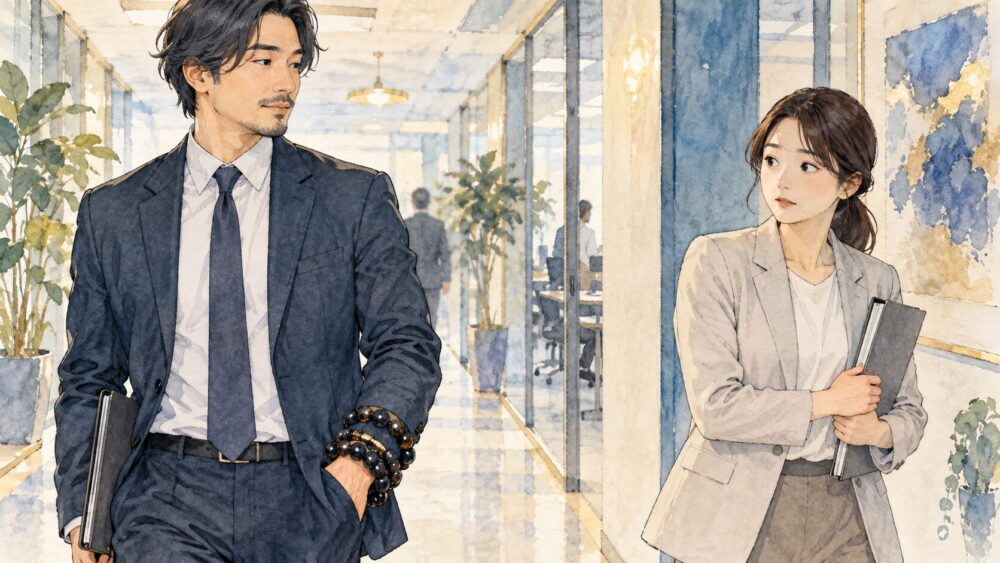 大粒の黒いブレスレットを重ね着けした同僚に、少し距離を置く女性。