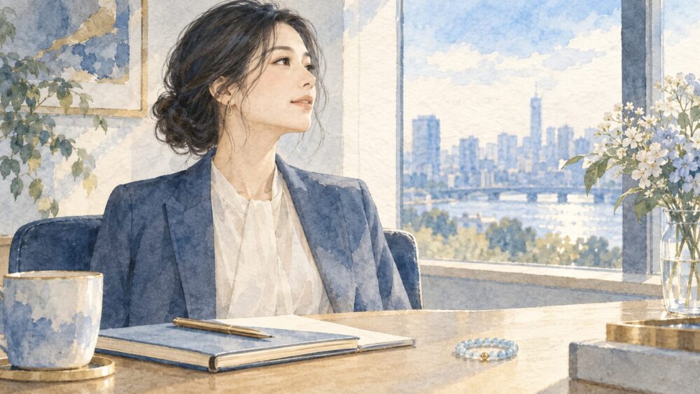 窓辺で気持ちを整える女性と、ノートのそばに置かれた青いブレスレット。