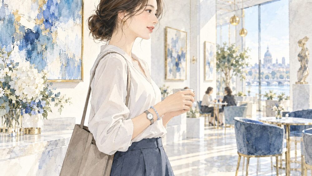 小粒の青いブレスレットと腕時計を自然に合わせた女性。