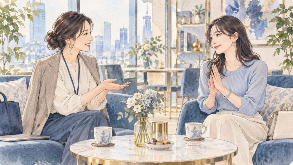 ブレスレットを着けた同僚と、落ち着いて話す職場の女性たち。
