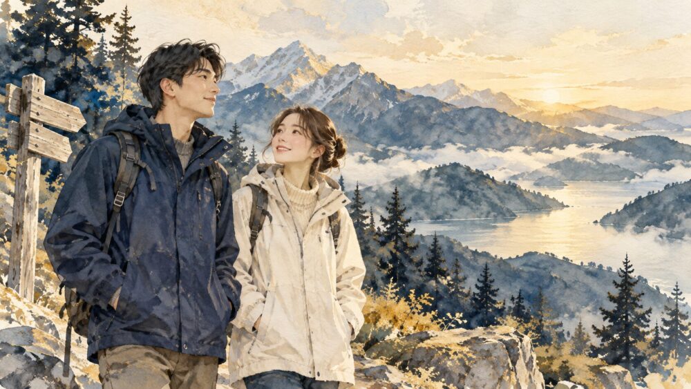 山道を並んで歩く男女。