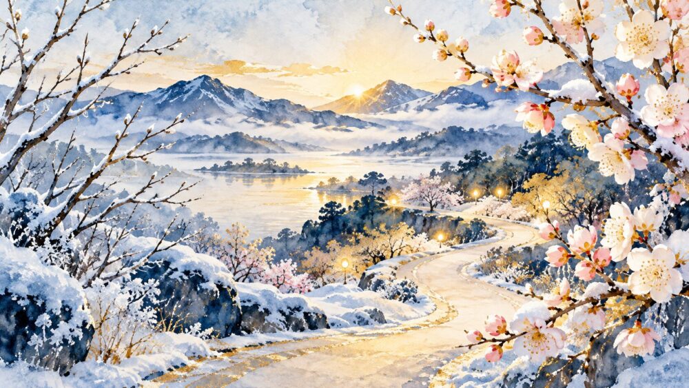 北の水辺に青い光が広がる静かな景色。
