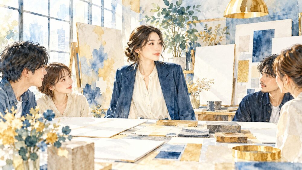 職場で相談し合う女性たち。