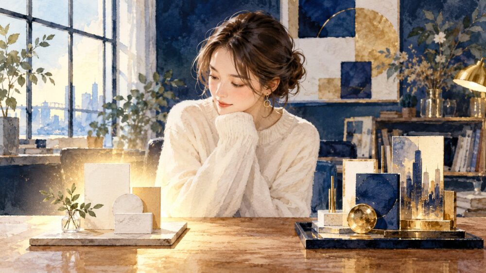窓辺で仕事の計画を整える女性。