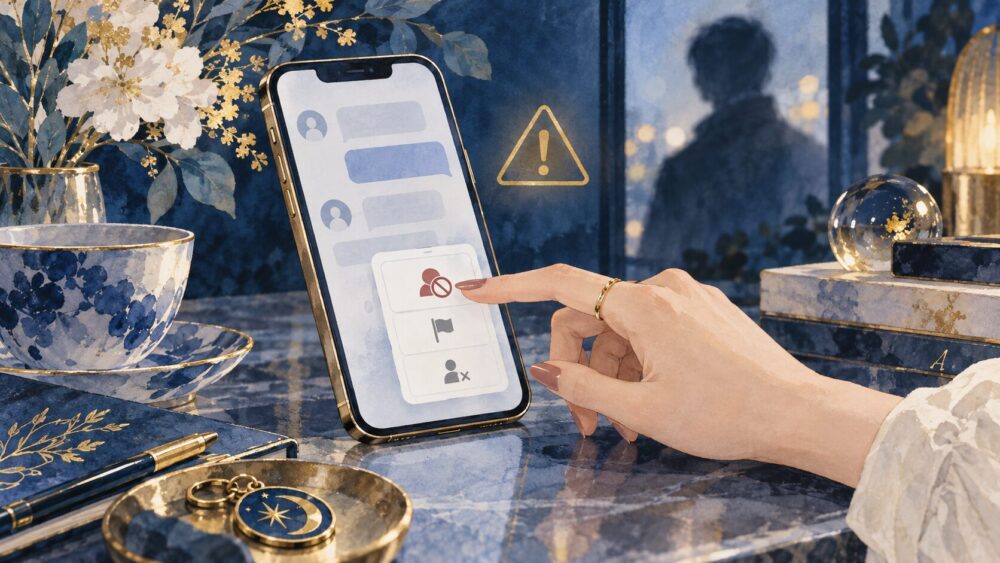 不審なアカウントとのやり取りをブロック・通報するスマートフォンと匿名の影。