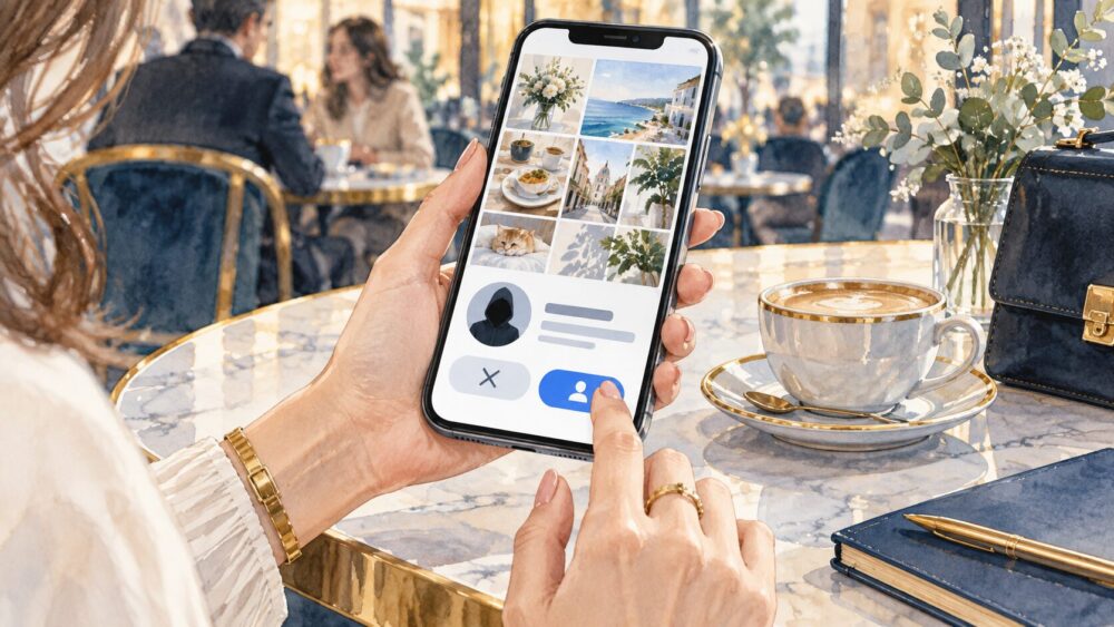 カフェでスマートフォンに届いたSNSのDMや写真を確かめる手元。